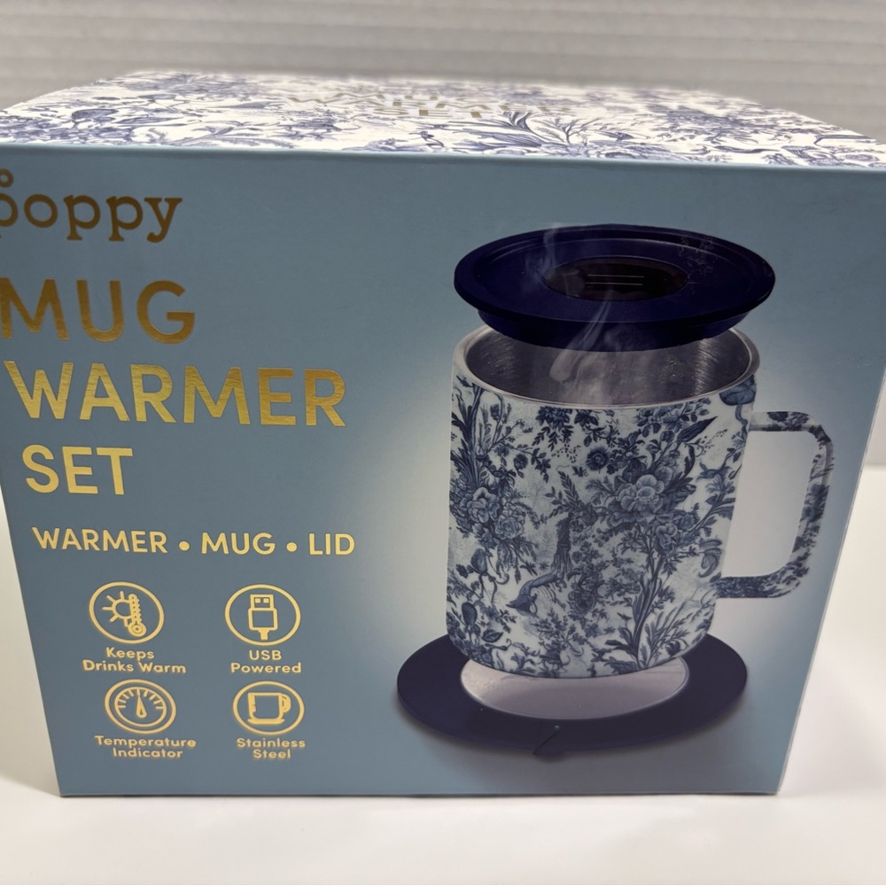 Poppy Blue and White Mug Warmer Set Coffee Travel Drink Cup Electric